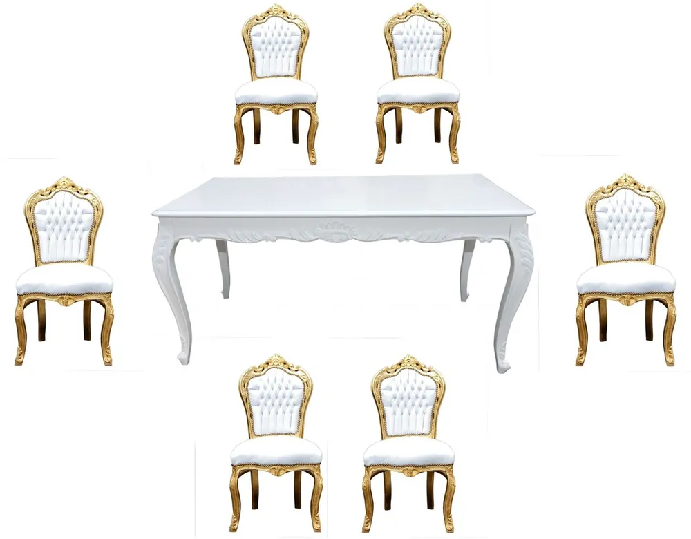 Geprüft Set da pranzo Barocco Casa Padrino Bianco / Oro - Tavolo da pranzo + 6 sedie senza braccioli