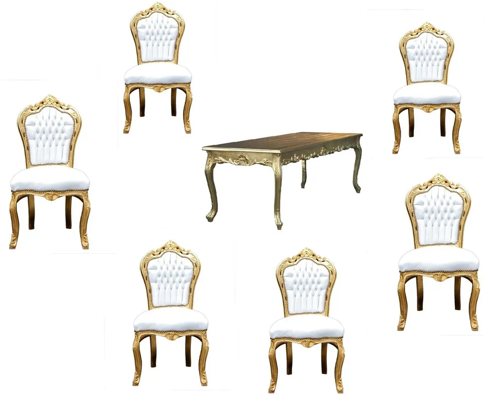 Set da pranzo Barocco Casa Padrino Bianco / Oro - Tavolo da pranzo + 6 sedie senza braccioli Neue Kollektion