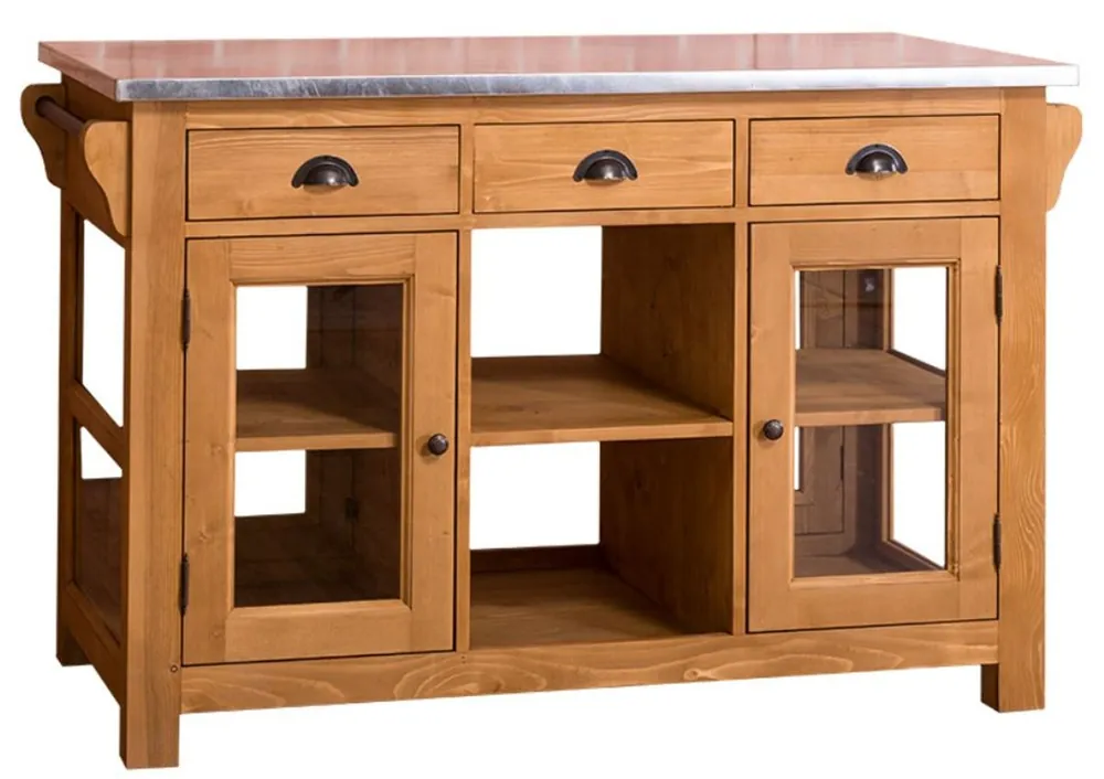 Preisknaller Casa Padrino isola cucina in stile country con controsoffitto in acciaio zincato colori naturali / argento 135 x 65 x H. 90 cm - Mobile da Cucina in Stile Country con 4 Ante in Vetro e 6 Cassetti