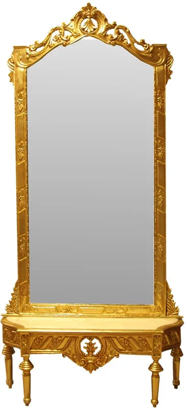Highlight Console Padrino Baroque Mirror - Console armadio in oro con piano in marmo e splendide decorazioni barocche su vetro specchio Mod8 - aspetto antico