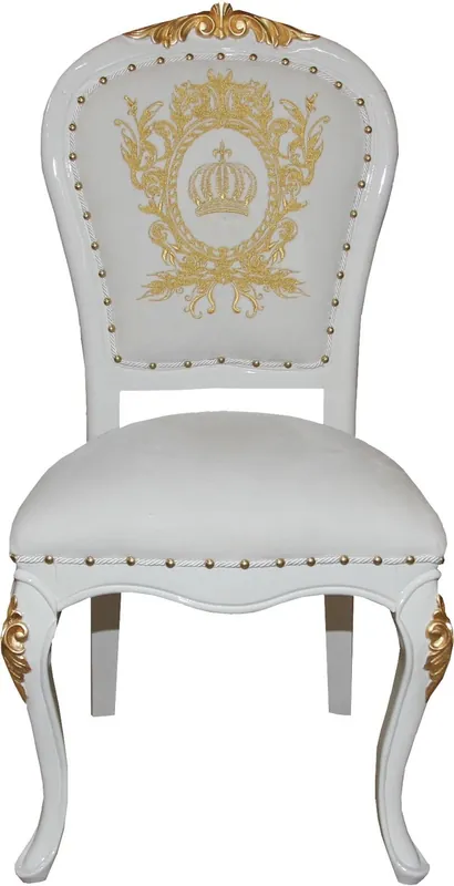 Expressversand Pompöös di Casa Padrino Sedia da pranzo in stile barocco di lusso bianco/ oro con corona - Sedia barocca Pompööser disegnata da Harald Glööckler
