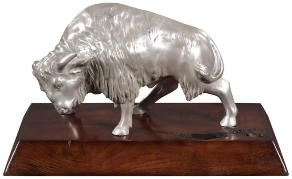 Casa Padrino bisonte figura in bronzo di lusso argento / marrone 35 x 18 x H. 20 cm - Statuetta in Decoro Placcato Argento con Base in Legno di Mogano Geprüft