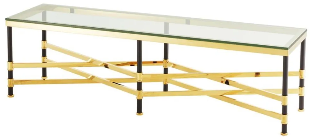 Super-Preis Casa Padrino Tavolino da Salotto Oro / Nero 150 x 40 x H. 42,5 cm - Tavolino da Salotto di Lusso con Piano in Vetro