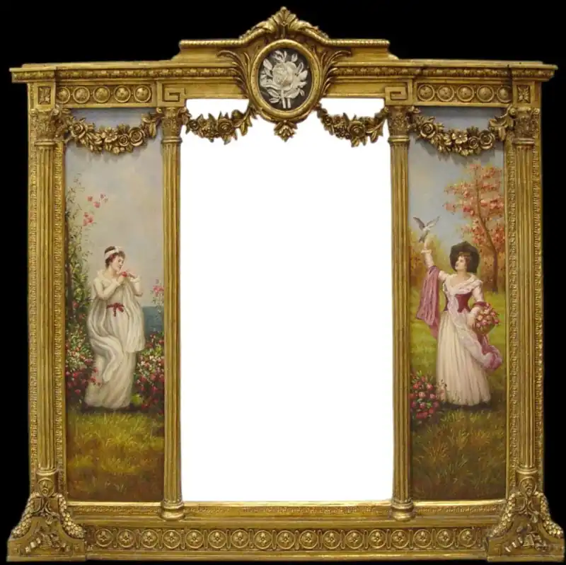 Specchio da parete in oro barocco di lusso Casa Padrino - B. 152,5 cm x L. 146,4 cm - Specchio dorato con ornamenti floreali - Destra e sinistra con dipinti barocchi Nur Heute