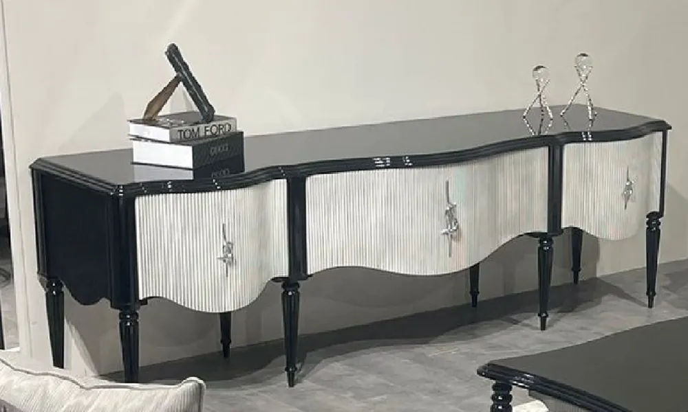 Casa Padrino armadio TV barocco di lusso nero / grigio / argento - Magnifica credenza in legno massello con 3 cassetti - Mobile da soggiorno in stile barocco - Mobili barocchi - Nobile e Magnifico Ausverkauf