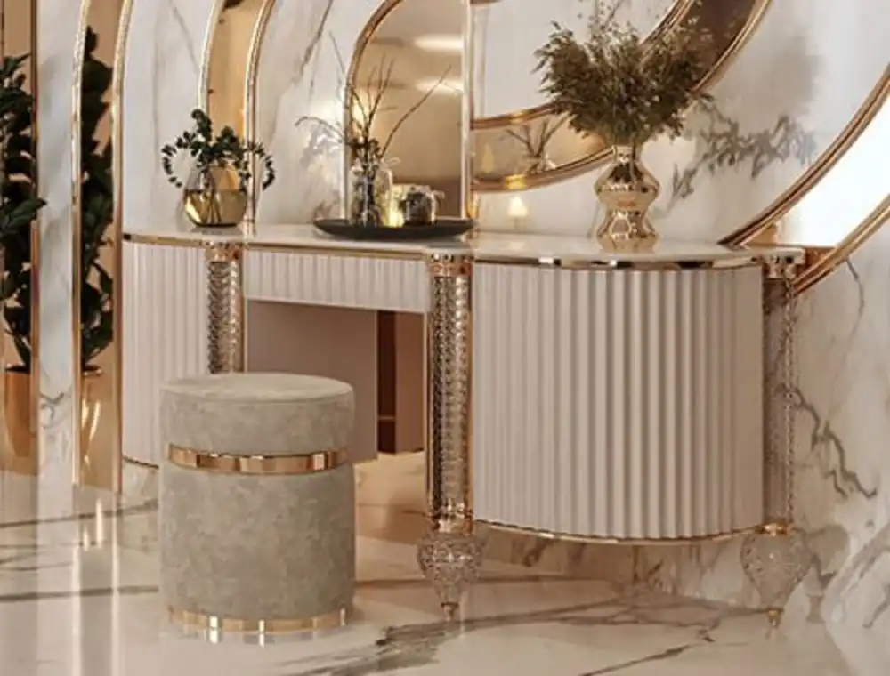 Casa Padrino tavolo da trucco Art Deco di lusso crema / bianco / oro 188 x 60 x A. 89 cm - Tavolo da trucco con piano in marmo artificiale - Mobili per camera da letto Art Deco di lusso Preis Gesenkt