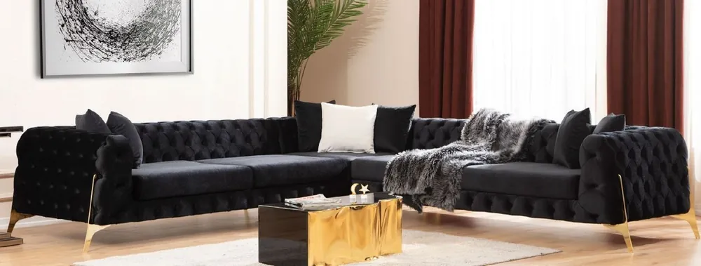 Casa Padrino divano angolare Chesterfield di lusso nero / oro 310 x 270 x A. 70 cm - Divano soggiorno Chesterfield - Mobili soggiorno - Mobili Chesterfield di lusso - Arredamento di lusso Echt