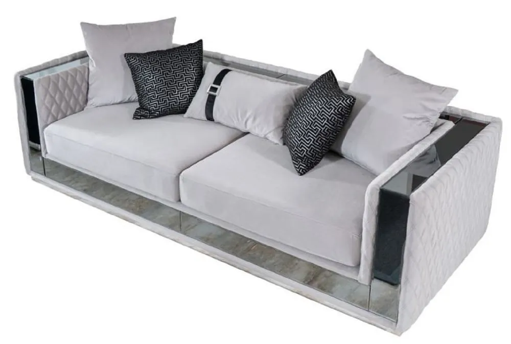 Wochenendangebot Casa Padrino divano a 3 posti di lusso grigio chiaro / argento 220 x 90 x A. 70 cm - Divano soggiorno con specchio - Divano hotel - Mobili soggiorno - Mobili hotel - Mobili di lusso