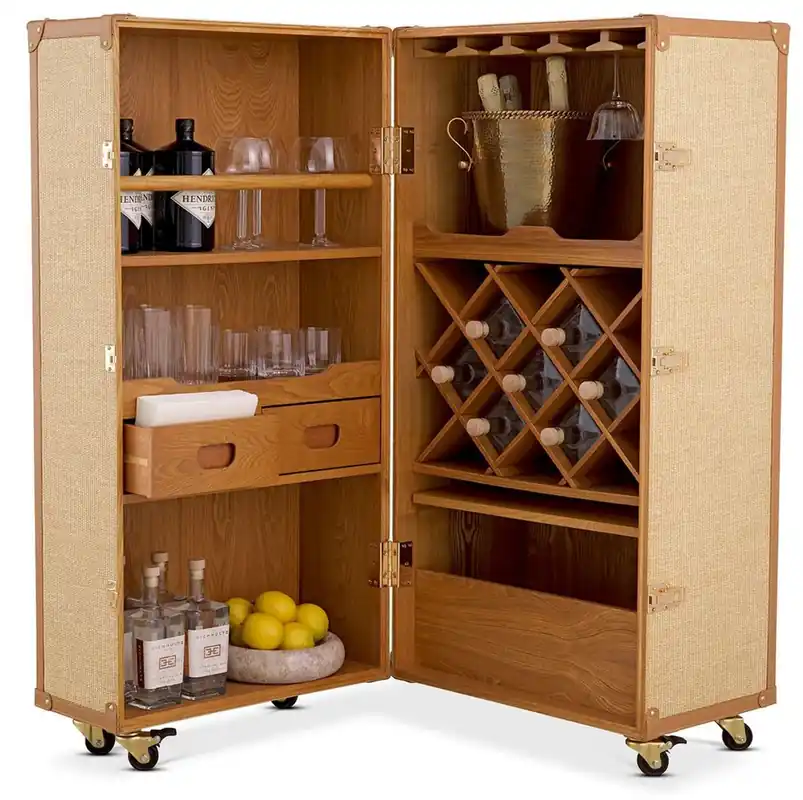 Aktuell Casa Padrino armadio del vino di lusso nel design della valigia naturale / marrone 59 x 59 x A. 122,5 cm - Armadio a valigia con ruote - Mobili da bar - Mobili di lusso - Qualità di lusso