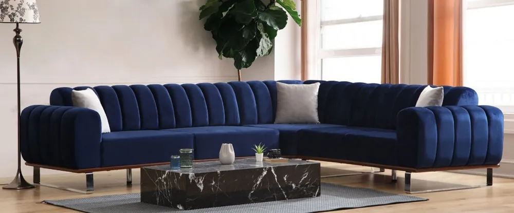 Casa Padrino divano angolare di lusso con schienali regolabili blu / marrone / argento 320 x 180 x A. 80 cm - Divano soggiorno - Mobili soggiorno - Mobili di lusso - Arredamento di lusso Letzte Chance