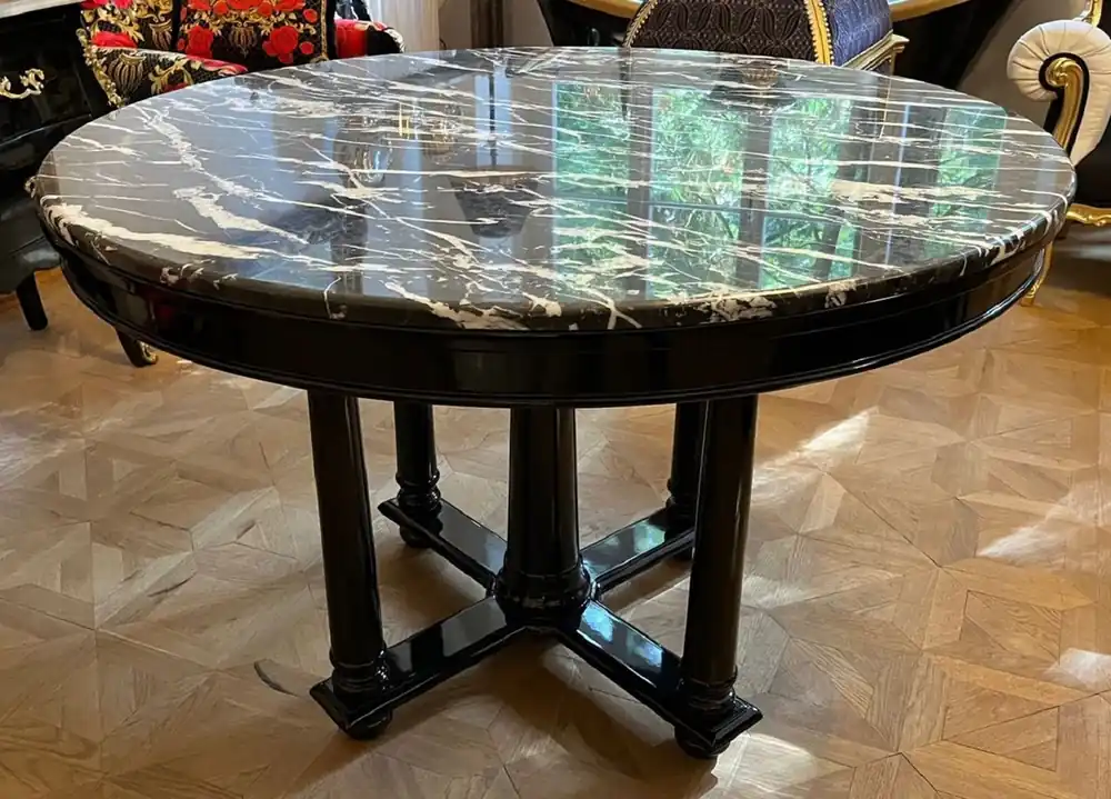Aktuell Casa Padrino tavolo da pranzo di lusso nero Ø 120 x A. 80 cm - Tavolo da cucina rotondo in legno massello con piano in marmo - Mobili per sala da pranzo - Mobili di lusso
