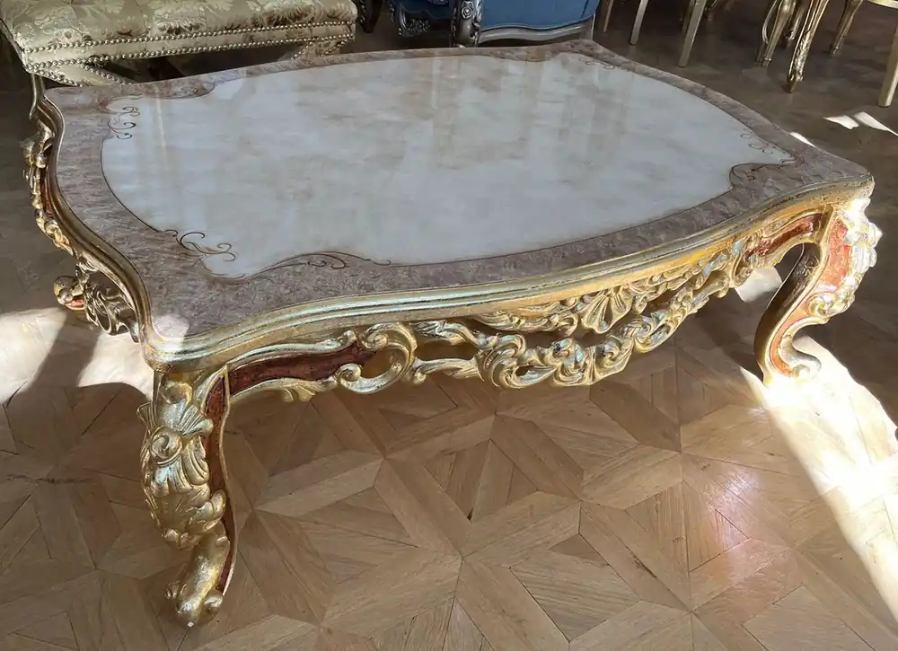 Geprüft Casa Padrino mesa de centro barroco de lujo bianco / grigio / oro / marrone - Magnífico mesa de salón de madera maciza en estilo barroco - Magníficos muebles barrocos