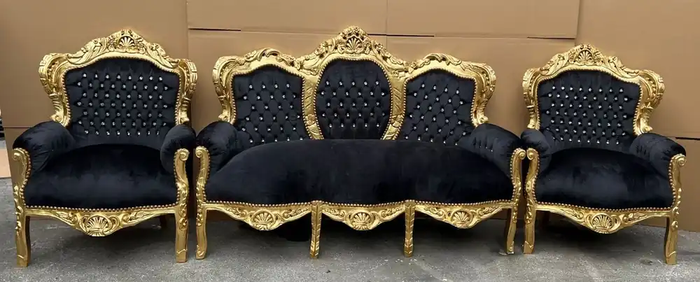 Highlight Casa Padrino set da soggiorno barocco di lusso nero / oro - 1 Divano Barocco e 2 Poltrone Barocche - Mobili soggiorno in stile barocco - Mobili barocchi