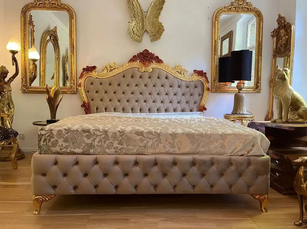 Casa Padrino letto matrimoniale barocco di lusso con materasso grigio / oro / marrone - Magnifico letto in legno massiccio - Mobili per camera da letto di lusso in stile barocco - Mobili barocchi Meistverkauft