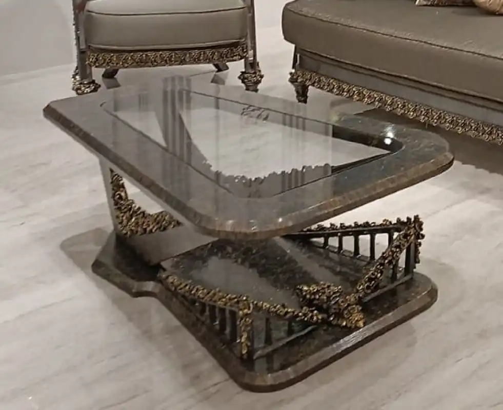 Casa Padrino tavolo da salotto barocco di lusso con piano in vetro grigio / oro - Tavolo da soggiorno rettangolare in stile barocco - Mobili barocchi - Mobili di lusso in stile barocco Zertifiziert