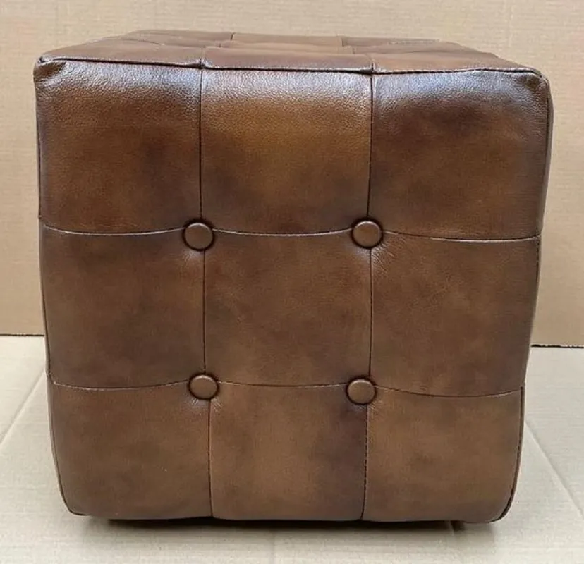 Casa Padrino Sgabello Chesterfield di Lusso in Pelle Marrone 40 x 40 x A. 40 cm - Poggiapiedi in Vera Pelle - Sgabello Cubo in Vera Pelle - Mobili in Vera Pelle - Mobili di Lusso Neue Kollektion
