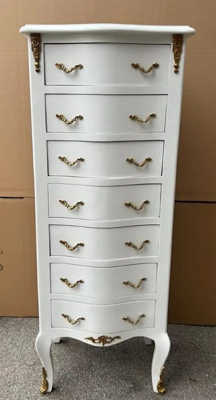 Casa Padrino cassettone barocco con 7 cassetti bianco / ottone - Mobile in legno massello fatto a mano in stile barocco - Mobile soggiorno in stile barocco - Mobili barocchi - Arredi barocchi Highlight