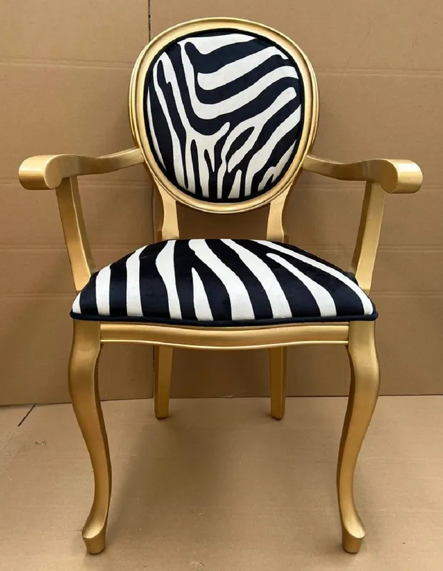 Casa Padrino sedia da pranzo barocco di lusso zebra / oro - Sedia fatto a mano in stile barocco con braccioli ed elegante tessuto in velluto - Mobile da pranzo in stile barocco Preisreduziert