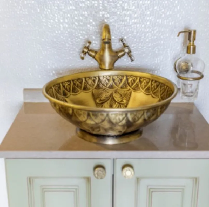 Finale Aktion Casa Padrino lavabo Art Nouveau di lusso oro giallo antico Ø 41,5 x A. 15,5 cm - Lavabo rotondo in ottone retrò - Accessori per il bagno - Accessori per il bagno Art Nouveau di lusso