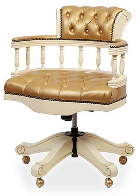 Casa Padrino sedia da scrivania in pelle barocco Chesterfield di lusso oro / crema - Sedia da ufficio in vera pelle regolabile in altezza - Mobili da ufficio - Nobile e magnifica Aktuell