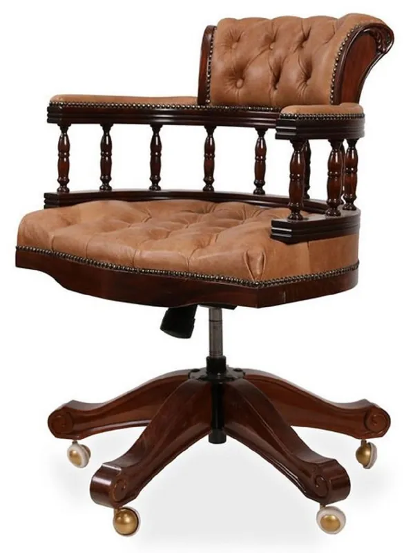 Casa Padrino sedia da scrivania in pelle barocco Chesterfield di lusso marrone chiaro / marrone scuro - Sedia da ufficio in vera pelle regolabile in altezza - Mobili da ufficio - Nobile e magnifica Expressversand