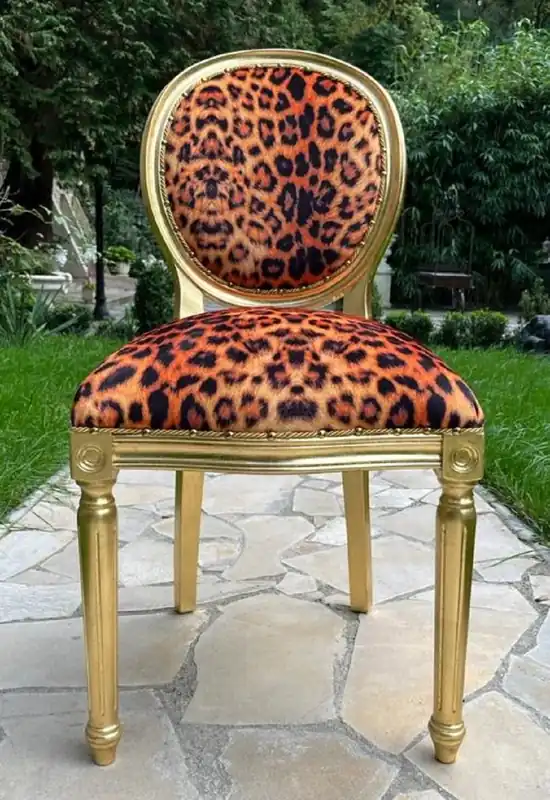 Casa Padrino sedia da pranzo barocco di lusso leopardo / oro - Sedia fatta a mano in stile barocco con elegante pelliccia sintetica - Mobili sala da pranzo in stile barocco - Mobili barocco Markenprodukt