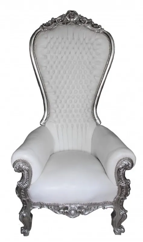 Casa Padrino poltrona trono barocco con pelle artificiale bianco / argento - Poltrona reale fatta a mano - Magnifica poltrona da matrimonio - Poltrona gigante barocco - Mobili barocchi Markenprodukt