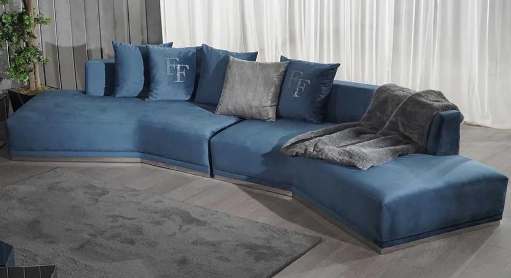 Casa Padrino divano di lusso blu / argento 480 x 100 x A. 70 cm - Divano curvo da soggiorno - Divano hotel - Mobili da soggiorno - Mobili hotel - Mobili di lusso - Arredi di lusso Must-Have