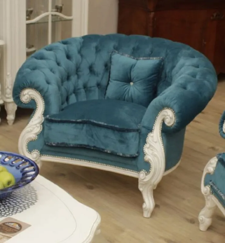 Markenware Casa Padrino poltrona da soggiorno barocco di lusso blu / bianco - Poltrona fatto a mano in stile barocco - Magnifici mobili da soggiorno di lusso in stile barocco - Mobili barocchi