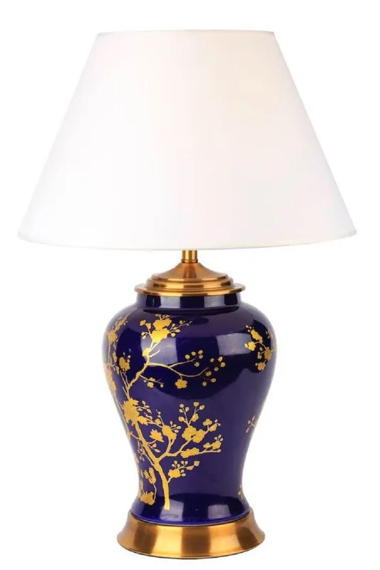 Casa Padrino lampada da tavolo di lusso in ceramica blu / oro / bianco Ø 42 x A. 62 cm - Lampada da tavolo rotonda in ceramica con paralume - Luci in ceramica di lusso Geprüft