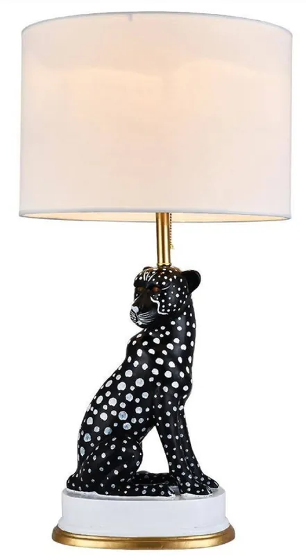 Sichere Zahlung Casa Padrino lampada da tavolo di lusso in ceramica puma gatto nero / bianco / oro Ø 38 x A. 72 cm - Lampada da scrivania in ceramica con paralume rotondo - Luci in ceramica di lusso