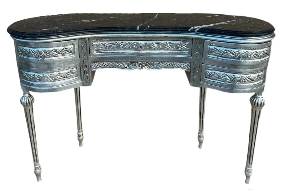 Casa Padrino segretario barocco con piano in marmo e 5 cassetti argento / nero - Scrivania in legno massello fatta a mano in stile barocco - Mobile da ufficio barocco Neu