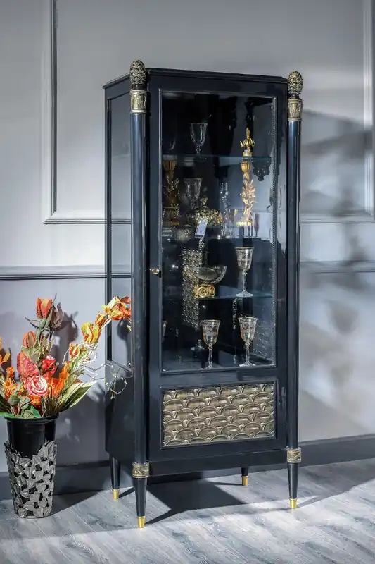 Casa Padrino vetrina barocco di lusso nero / oro - Magnifica vetrina in legno massello con anta in vetro - Mobili di lusso in stile barocco - Mobili barocchi - Nobili e magnifici Mega-Angebot
