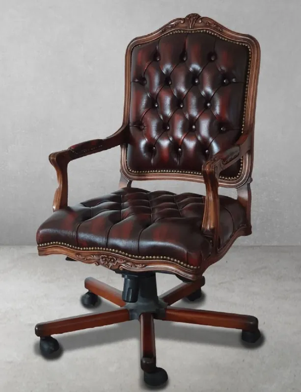 Schneller Versand Casa Padrino sedia da scrivania barocco Chesterfield di lusso in pelle rosso vino / marrone / nero - Sedia da ufficio barocco con vera pelle di alta qualità - Mobili per ufficio barocco