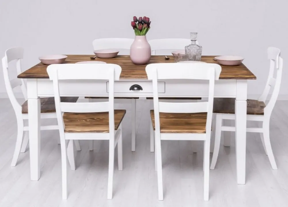 Casa Padrino set di mobili per sala da pranzo in stile country bianco / marrone - 1 Tavolo da Pranzo e 6 Sedie da Pranzo - Mobili per sala da pranzo in legno massello in stile country Highlight