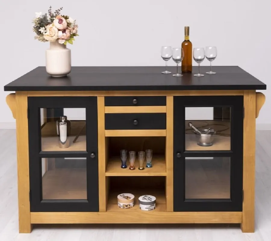 Top-Preis Casa Padrino isola da cucina in stile country nero / naturale 150 x 90 x A. 90 cm - Mobile cucina in legno massello stile country - Mobile sala da pranzo in legno massello stile country