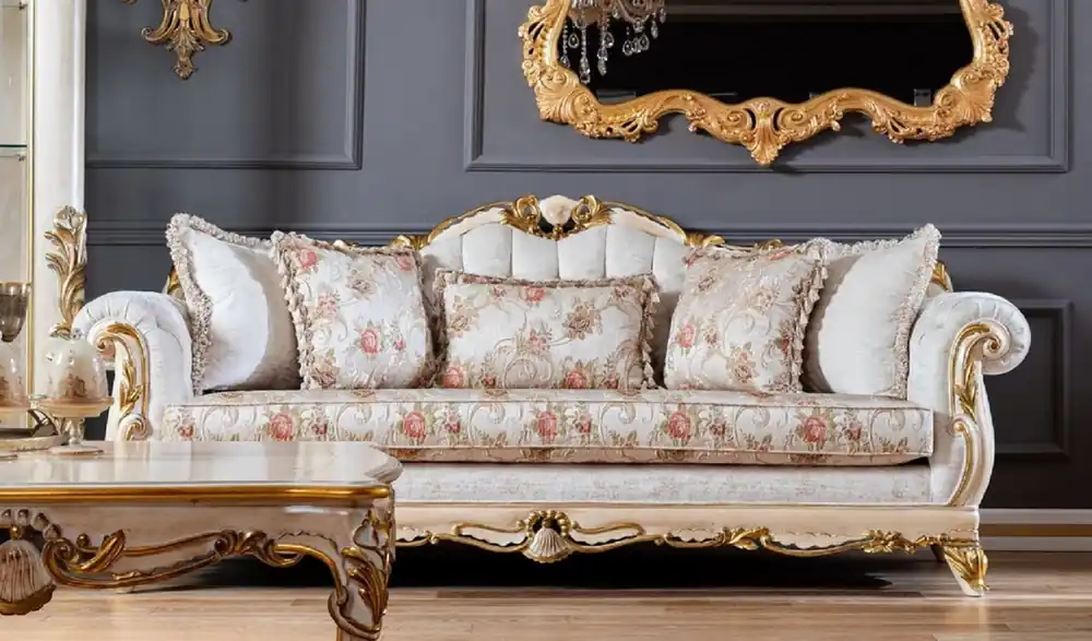 Pompöös di Casa Padrino divano da soggiorno barocco di lusso Provence bianco / beige / oro - Divano in stile barocco Pompöös disegnato da Harald Glööckler Highlight