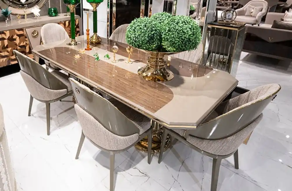 Schneller Versand Casa Padrino set da pranzo di lusso grigio / marrone / oro - 1 Tavolo da Pranzo di Lusso e 6 Sedie da Pranzo di Lusso - Mobili per sala da pranzo di lusso