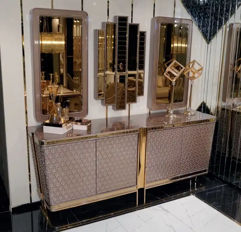 Highlight Casa Padrino set di mobili di lusso grigio / oro - 1 Credenza di Lusso con 4 Ante e 3 Specchi di Lusso - Mobili di lusso - Collezione di lusso