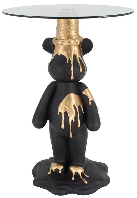 Finale Aktion Casa Padrino tavolino di lusso orso nero / oro Ø 48,5 x A. 69 cm - Tavolo rotondo in resina con piano in vetro - Mobili da soggiorno - Mobili di lusso - Arredi di lusso - Arredi da soggiorno