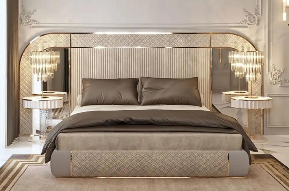 Casa Padrino letto matrimoniale Art Deco di lusso grigio / oro 350 x 209,5 x A. 140 cm - Letto in legno massello nobile con testiera a specchio - Mobili camera da letto - Mobili Art Deco di lusso Ausverkauf