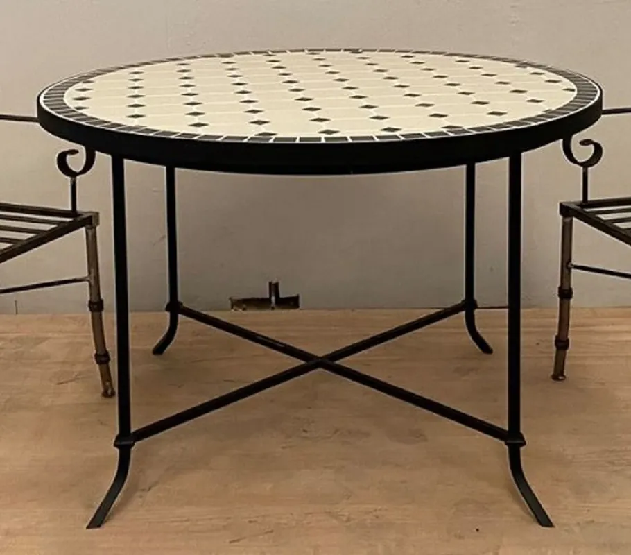 Casa Padrino tavolo da pranzo Art Nouveau di lusso crema / nero Ø 120 x A. 75 cm - Tavolo da giardino rotondo in ferro battuto con mosaico in ceramica - Mobili da giardino e sala da pranzo Nur Für Kurze Zeit
