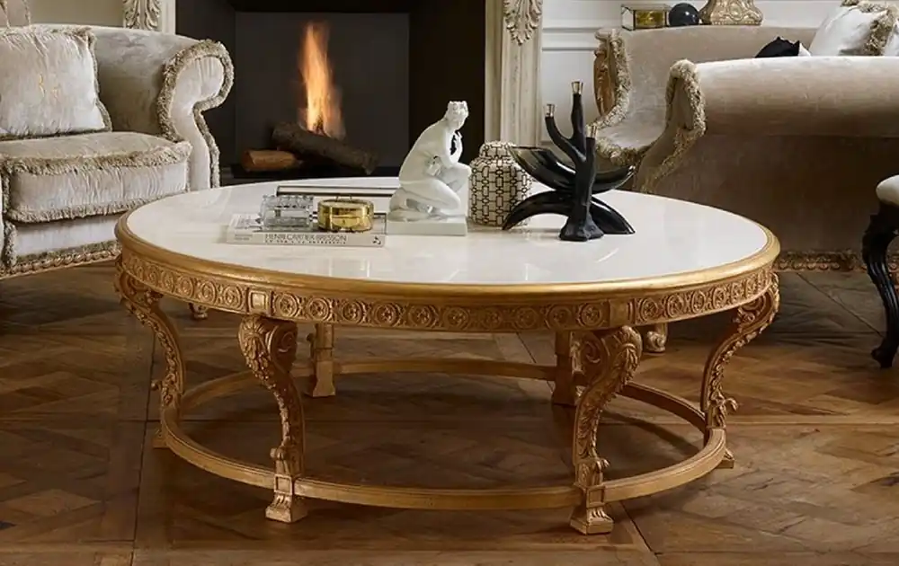 Jetzt Kaufen Casa Padrino tavolo da salotto barocco di lusso con piano in marmo naturale / bianco - Tavolo da soggiorno rotondo in stile barocco - Mobili Barocchi - Qualità di lusso - Fatto in Italia