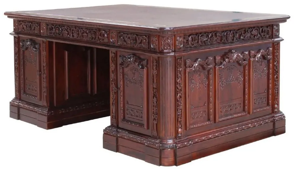 Wochenendangebot Casa Padrino scrivania barocco di lusso in mogano marrone scuro / marrone 185 x 125 x A. 83 cm - Tavolo da ufficio in legno massello stile barocco magnifico - Mobili da ufficio in mogano barocco