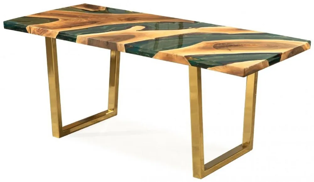 Casa Padrino tavolo da pranzo di lusso naturale / marrone / verde / oro 160 x 80 x A. 76 cm - Tavolo da cucina con resina epossidica - Mobili sala da pranzo di lusso - Mobili in resina epossidica Must-Have