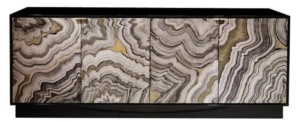 Casa Padrino credenza di lusso nero / grigio / oro 200 x 40 x A. 76 cm - Armadio in legno massello con 4 ante dipinte a mano - Mobili di lusso - Collezione di lusso Markenware