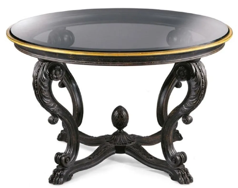 Markenprodukt Casa Padrino tavolo da pranzo barocco di lusso nero antico / oro antico - Tavolo da pranzo rotondo in legno massello stile barocco con piano in vetro - Mobili da pranzo barocco - Fatto in Italia