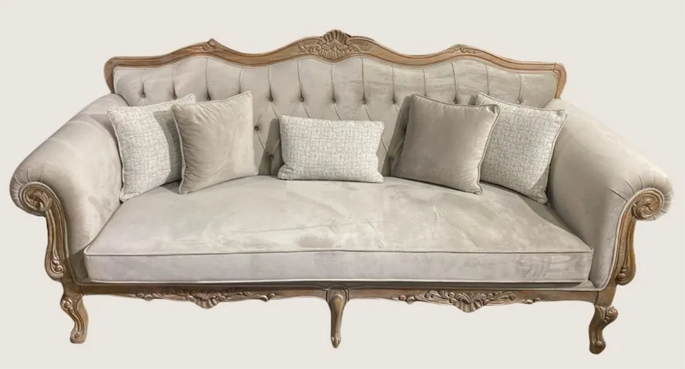 Casa Padrino divano barocco di lusso in velluto grigio / naturale - Magnifico divano da soggiorno - Mobili da soggiorno in stile barocco - Nobile e Magnifico Top-Seller