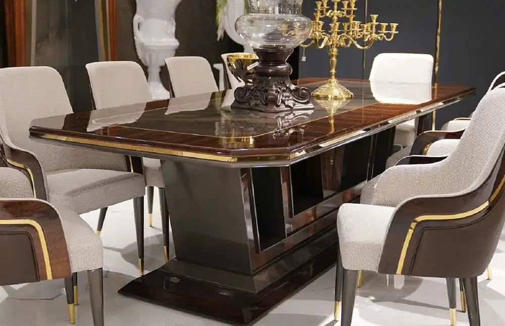 Casa Padrino tavolo da pranzo di lusso grigio / marrone / oro 350 x 112 x A. 70 cm - Tavolo da cucina rettangolare in legno massello - Mobili per sala da pranzo - Mobili di lusso Ausverkauf