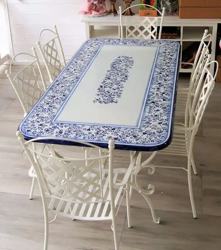 Heißes Angebot Casa Padrino Set di Mobili da Giardino in Ferro Battuto Art Nouveau di Lusso Blu / Bianco - Fatto in Italia